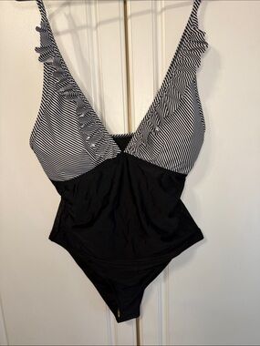 Beachsissi Black & White Striped Ruffle One-Piece Swimsuit Deep VNeck Cheeky Bum
